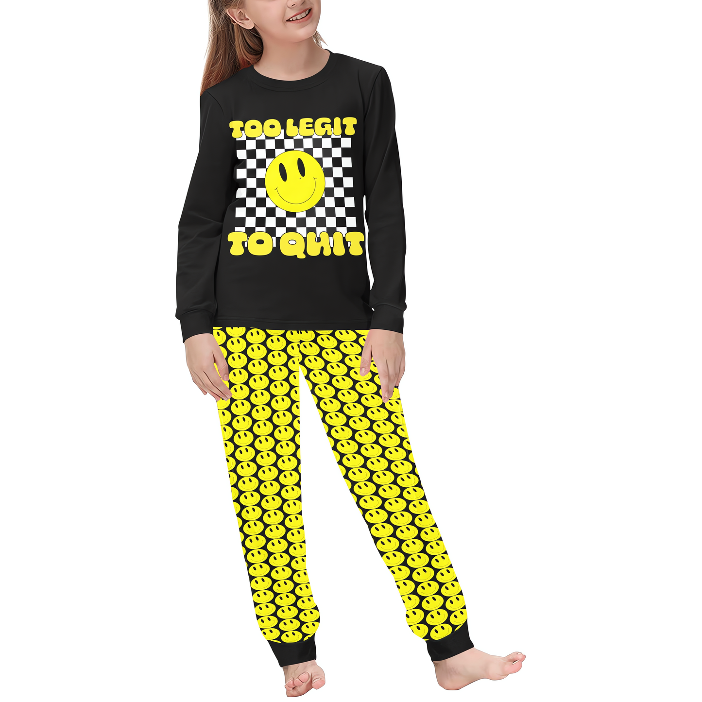 Unisex Retro Checkered Pajamas for Kids •Smiley Face • 'Too Legit to Quit