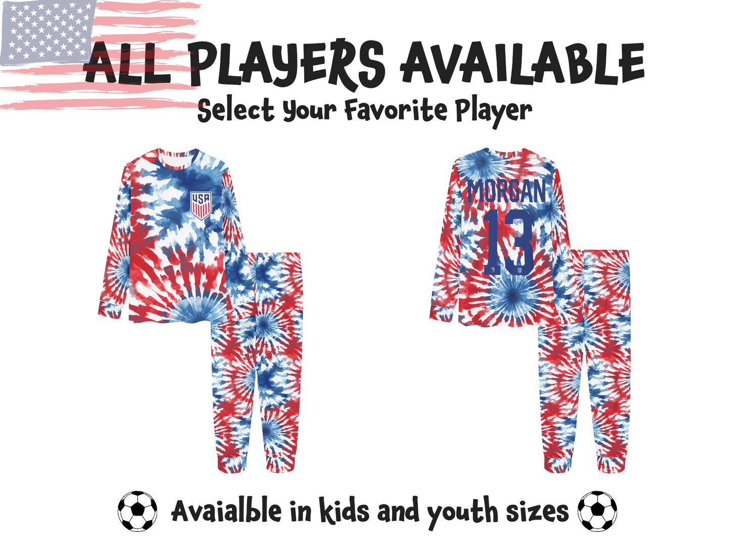 USWNT USA Soccer • Tie Dye Kids Pajamas • USA FIFA Jersey • Kids Soccer Gift • Rapinoe • Ertz • Morgan • Horan