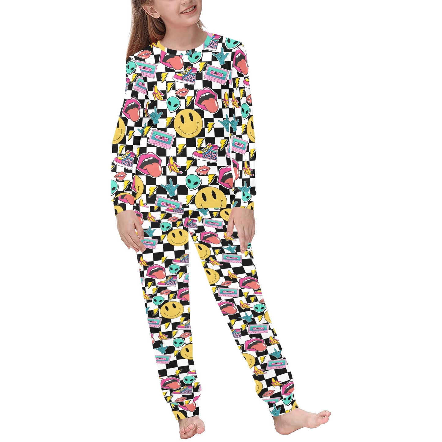 Neon 90s • Kids Pajama Set •Checkered Print •Smiley Faces • School Gift